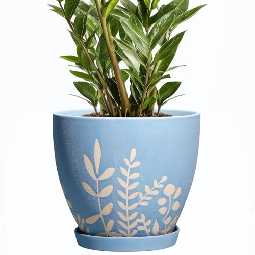 8 Inch Ceramic Plant Pot with Drainage and Saucer - Round Flower Pot for Indoor Outdoor Plants, Round Planter, Desk Office Room Home Decor, Gifts for Plant Lovers, Blue - size: 8 Inch