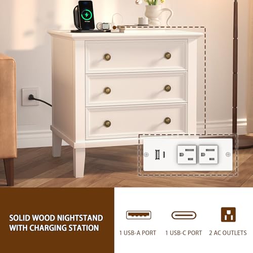 IKENO Solid Wood Nightstand with 3 Drawers, Tall Leg Bedside Table with Charging Station, Farmhouse Night Stand with Wood Slide Rail, Anti-Scratch Foot Pads for Bedroom，White - color: White