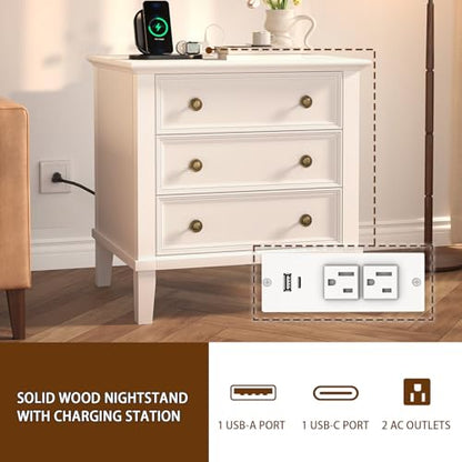 IKENO Solid Wood Nightstand with 3 Drawers, Tall Leg Bedside Table with Charging Station, Farmhouse Night Stand with Wood Slide Rail, Anti-Scratch Foot Pads for Bedroom，White - color: White