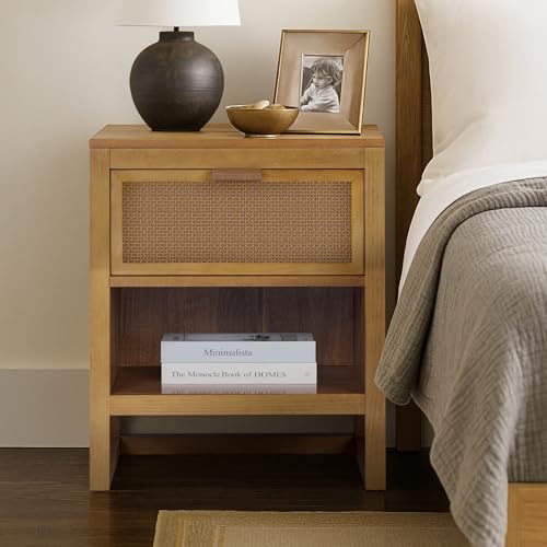 Teamson Home Hatteras 20" W Nightstand with 1 Deep Drawer and Open Shelf Storage in Coastal Modern Style, Ball Bearing Glides, Pine Wood Frames and MDF with Rattan, Natural Finish | 1 Deep Drawer, Open Shelf Storage, Coastal Modern Style, Pine Wood & MDF
