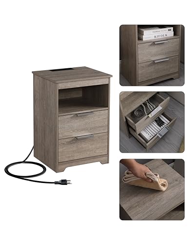 Nightstand with Charging Station,Nightstand with 2 Drawers,Wooden End Table with Drawer and Opening Shelf,Side Table for Bedroom, Rustic Grey - color: Rustic Grey, style: 2 Drawers