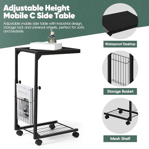 C Shaped End Table Small Side Table with Wheels Slide Under Couch Table for Sofa Adjustable Height C Table with Metal Frame for Living Room Bedroom Bedside, Black - color: Black
