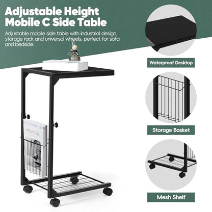 C Shaped End Table Small Side Table with Wheels Slide Under Couch Table for Sofa Adjustable Height C Table with Metal Frame for Living Room Bedroom Bedside, Black - color: Black