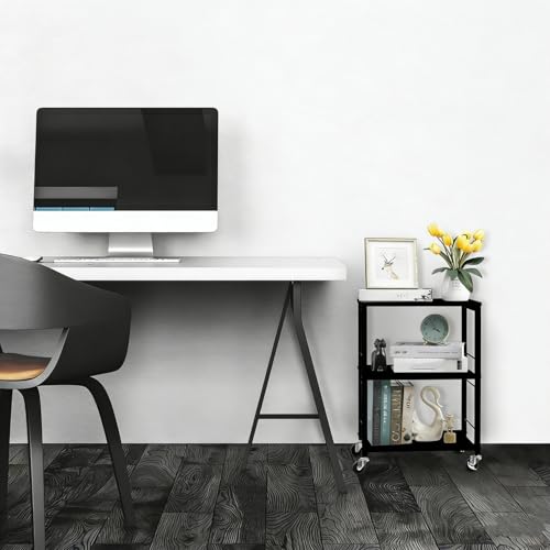 MOOACE 3 Tier End Table with Wheel, Kitchen Cart Storage Shelf, Black | Small Side Table Nightstand, Rolling Kitchen Utility Cart Table Stand for Bedroom Living Room Office Balcony - color: Black1