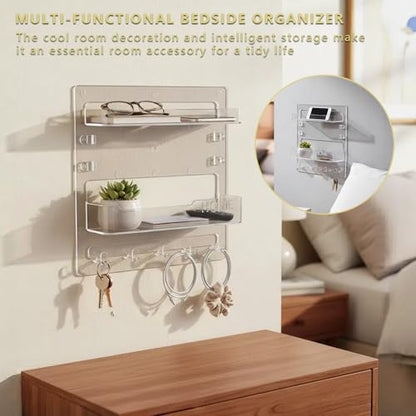 Bedside Shelf with Nanotape, No Drill Wall Mounted Organizer for Phone & Remote, Floating Charging Shelf for Dorm, Apartment, RV, Small Space Bedroom Decor for College Girl,Clear
