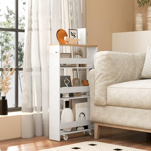 LOKO Slim Storage Cart, 4-Tier Rolling Cart with Handle & Wooden Top for Kitchen Bathroom Laundry Living Room Narrow Small Spaces, 5 Inches Width (White & Natural) - color: White & Natural