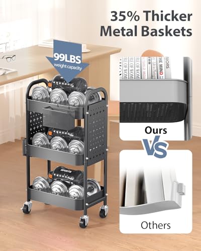 ALVOROG 3 Tier Rolling Cart with DIY Pegboards Metal Utility Cart with Wheels Handles Baskets Hooks, Storage Cart for Office Kitchen Bathroom(Gray) - color: Grey