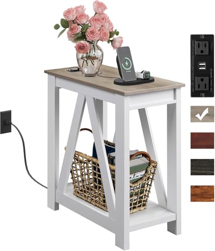 WLIVE Farmhouse End Tables Living Room, Narrow Side Table with Charging Station, Slim End Table, Side Table for Bedroom, Small Spaces, 2 USB and 2 Power Outlets, 11.8" D x 23.6" W x 23.74" H - color: Greige