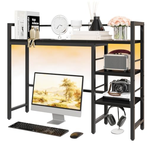 HavenlyYouth Desk Shelf with LED Light Strip, 3-Tier Storage Desktop Organizer Shelf, 38.6" Wood Desktop Bookshelf for Computer Monitor, Desk Hutch for Home Office Dorm, Black - color: Black With Led Strips, size: 38.6"
