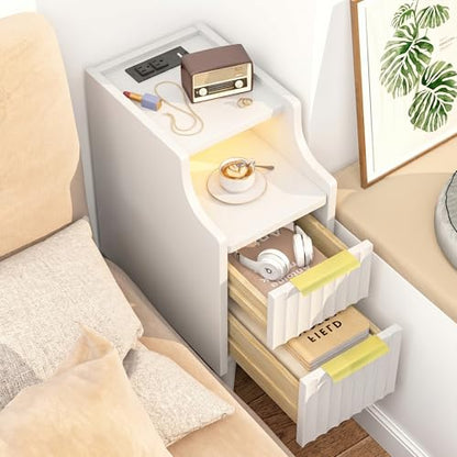 Fluted Narrow Nightstand with Charging Station, Solid Wood Night Stand with 2 Drawers, White Mid Century Modern Led Nightstand, Small Beside Table with Open Storage Shelf for Bedroom （10 inch） - color: White