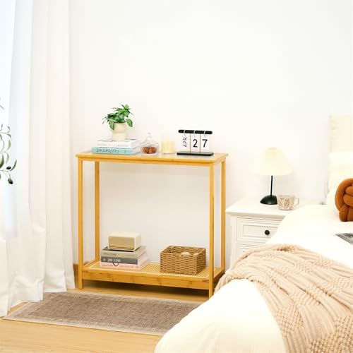 Bamboo Narrow Console Table, 31.5"(L) Wood Small Entryway Table with Rattan and Glass, Accent Slim Hallway Tables, Thin Sofa Side Tables for Hallway, Living Room, Foyer, Burlywood - color: Burlywood 31.5"(l)