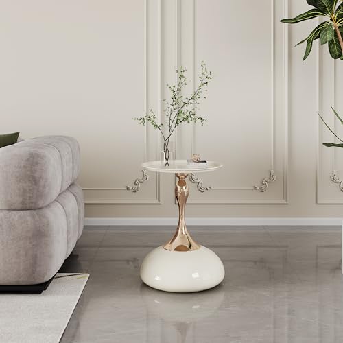 Luxury Round End Table White Gold Modern Small Side Table 15" Living Room Table Iron Sofa Coffee Table Cute Shape, White Gold - color: White