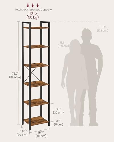 VASAGLE 6-Tier Bookshelf, Bookcase with Steel Frame, Book Shelf for Living Room, Home Office, Study, 11.8 x 15.7 x 73.2 Inches, Industrial Style, Rustic Brown and Ink Black ULLS101B01 - color: Rustic Brown + Ink Black, size: 6 Tiers (11.8"D x 15.7"W x 73.