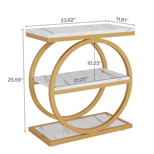 Tribesigns End Table with Storage Shelves, 3-Tier Wooden Industrial Sofa Side Table with Black Metal Frames for Living Room, Slim Nightstand and Bedside Table for Bedroom, White & Gold - color: White