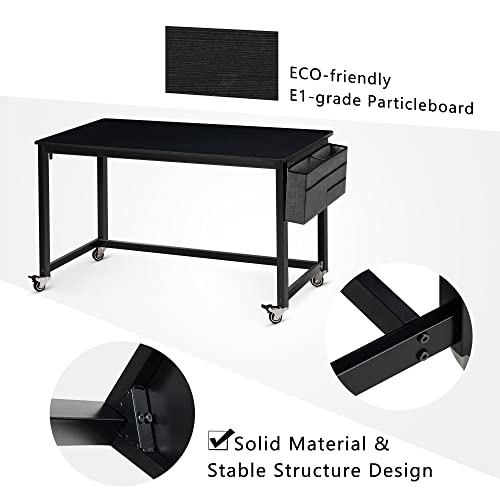 AHB 55" Rolling Computer Desk with 4 Smooth Wheels, Simple Style Mobile Writing Desk Home Office Study Table Movable Workstation with Metal Frame - color: Black, size: 55"