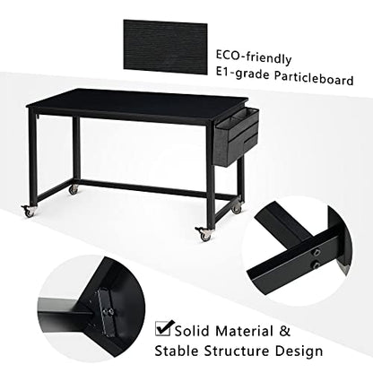 AHB 55" Rolling Computer Desk with 4 Smooth Wheels, Simple Style Mobile Writing Desk Home Office Study Table Movable Workstation with Metal Frame - color: Black, size: 55"
