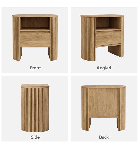 Fluted Nightstand with Drawer, Wood Bedside Table with Storage Shelf, Night Stand for Bedroom, Small Side Table for Living Room, Modern End Table for Small Space