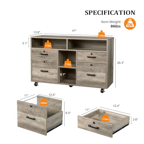 VINGLI Wide 4 Drawer File Cabinet with Lock, Rustic Grey Rolling File Cabinet with Open Shelves, Lockable Printer Stand, Letter Sized - color: Rustic Grey