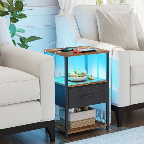 TUTOTAK LED Nightstand Set of 2, Night Stand with Charging Station, End Table, Bedside Table with Fabric Drawer, Side Table for Livingroom and Bedroom, Brown TB01BB0692L - color: Brown, style: Plug&LED