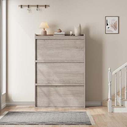 Garvee Shoe Cabinet with 3 Flip Drawers, Hidden Wood Shoe Cabinet,Freestanding Shoe Storage Cabinet with Adjustable Shelf for Entryway Hallwa, Living Room, Living Room, Grey - color: Grey