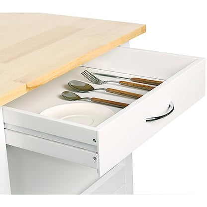 eHemco Kitchen Island Cart on Wheels, White Base | Drawer, Storage Cabinet, Shelf, Natural Solid Hardwood Top - color: White