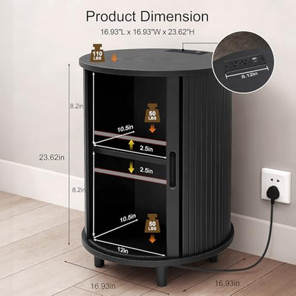 DHH Round End Table with Storage & Charging Station, Fluted Accent Side Table with Sliding Door & Adjustable Shelf, Mid-Century Nightstand for Small Spaces, Living Room, Bedroom (1, Black) - color: Black