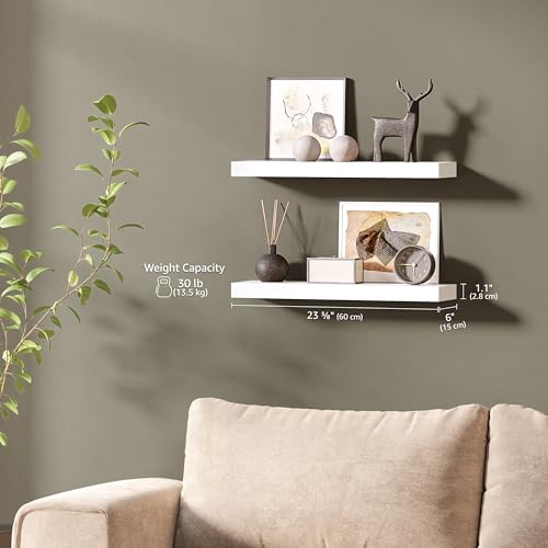 Ballucci Floating Shelves, 24" Wood Wall Shelf Set of 2, with Invisible Brackets for Bathroom, Living Room, Bedroom, Kitchen, Nursery, 6" Deep, White - color: White, size: 23.6 inches