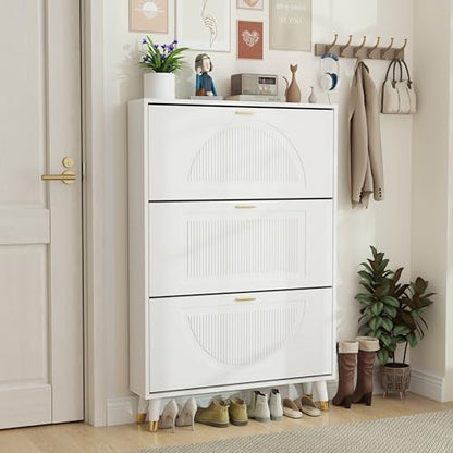 White Shoe Storage Cabinet: 32" Ultra Thin Small Shoe Cabinet for Entryway, Modern Slim and Narrow Hidden Shoes Rack Organizer with Doors and 3 Flip Drawer (1 Piece, 32") - size: 32"