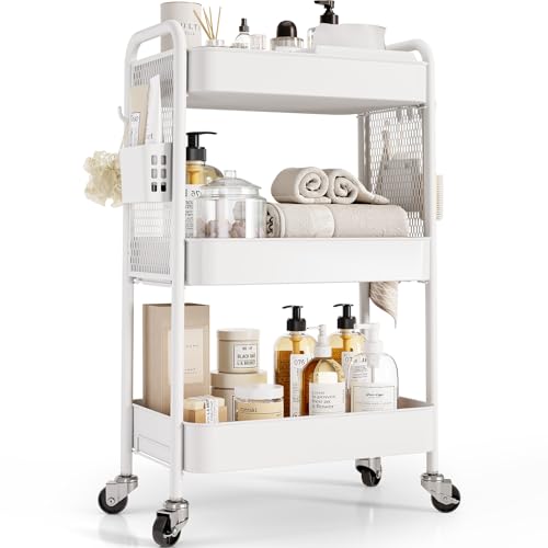 TOOLF 3 Tier Rolling Cart Storage Organizer, Metal Rolling Utility Cart with Wheels, Hooks & Bins Esthetician Craft Art Sturdy Storage with Pegboard for Bathroom, Kitchen, Office, Nursery Diaper - color: White, size: 3-Tier