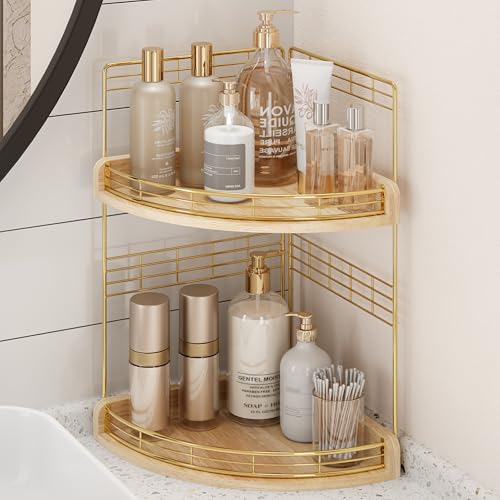 Bathroom Countertop Corner Organizer for Small Spaces, 2-Tier Counter Shelf | Oak Wood & Iron Counter Shelf for Sink & Vanity Corners, Skincare, Toiletries, Space-Saving, Compact Vertical Storage Natural - color: Natural