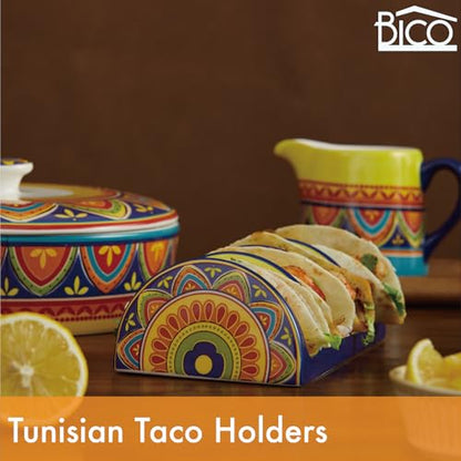 Bico Tunisian Ceramic Taco Holder, Taco Stand Rack Tray, Microwave and Dishwasher Safe - color: Tunisian
