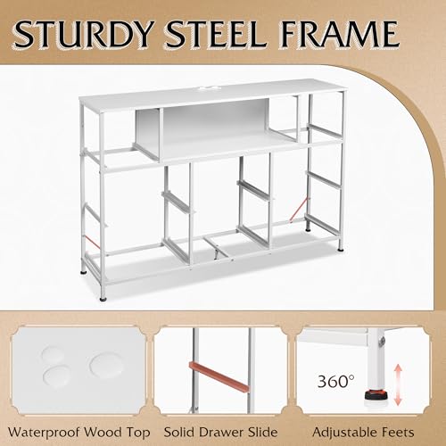 WLIVE White Dresser TV Stand for 45, 50, 55 inch TV, Entertainment Center with LED Lights & Charging Station, Chest of Drawers with 8 Fabric Drawers and Open Shelves for Living Room, Hallway, Wood Top - color: White
