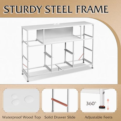 WLIVE White Dresser TV Stand for 45, 50, 55 inch TV, Entertainment Center with LED Lights & Charging Station, Chest of Drawers with 8 Fabric Drawers and Open Shelves for Living Room, Hallway, Wood Top - color: White