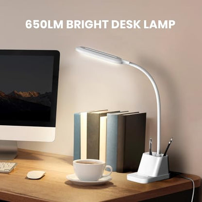AXX White LED Desk Lamp with USB Charging Port, Flexible Gooseneck Table Light, 650LM, Phone Mount, Pen Holder, Timer Settings, Study Essentials for College Dorm Room Home Office Bedroom - color: White
