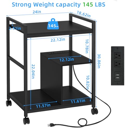 Lerliuo 24" Wide Large Printer Stand with Storage, Black | Printer Table for Home Office with Charging Station, 3 Tier Industrial Mobile Printer Cart with Lockable Wheels - color: Black