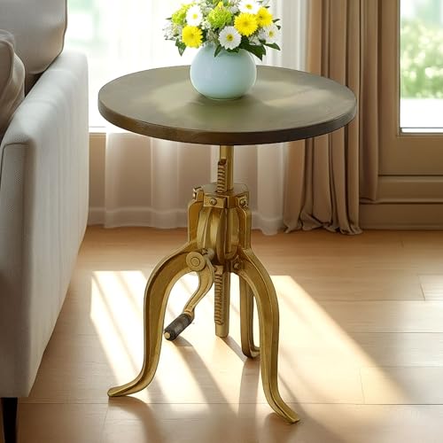 Carolina Chair & Table Adjustable Hand Crank 18" Wooden Top Rustic Side Table - Cast Iron Base Round Accent Table for Farmhouse, Living Room, or Bedroom (Elm/Gold) - color: Elm/Gold