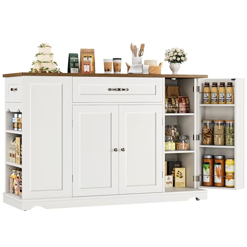 HOSTACK Kitchen Island Cart with Storage, 47'' Kitchen Storage Island on Wheels with 2 Drawers, Rolling Island Table with Adjustable Shelves, Mobile Buffet Sideboard Cabinet for Dining Room, White - style: White + Rustic Brown