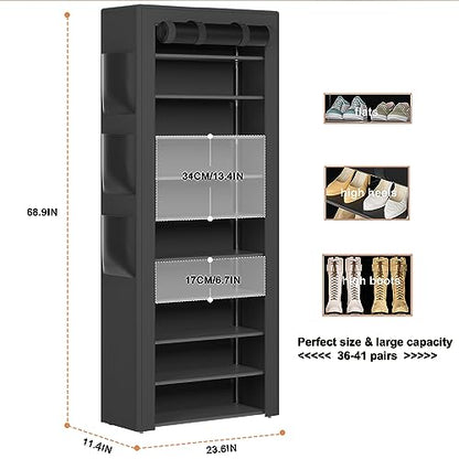 OYREL Large Shoe Rack, Black, 6 Side Pockets, 23.6" Wide x 11.4" Deep x 68.9" Tall, 36-41 Pairs of Shoes - color: Black, size: 10Tier 23.6"W