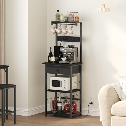 MAHANCRIS Bakers Rack with Drawer, Microwave Stand with Power Outlet, Coffee Bar Station with 4 Hooks, Kitchen Storage Shelf Rack 4 Tiers, for Kitchen, Dining Room, Black BRBK48E01 - color: Black