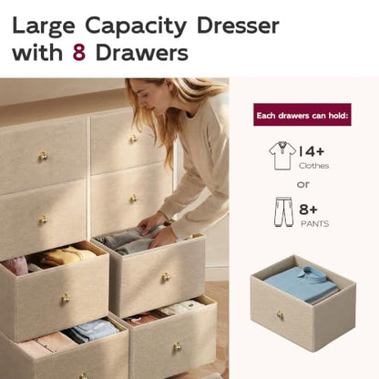 WLIVE Bouclé Dresser for Bedroom, 8 Drawer Fabric Storage Tower Chest,Beige | Premium Bouclé Fabric Dresser, Storage Tower with Open Shelf,Easy Assembly Dresser - color: Beige, style: Raised Shelves