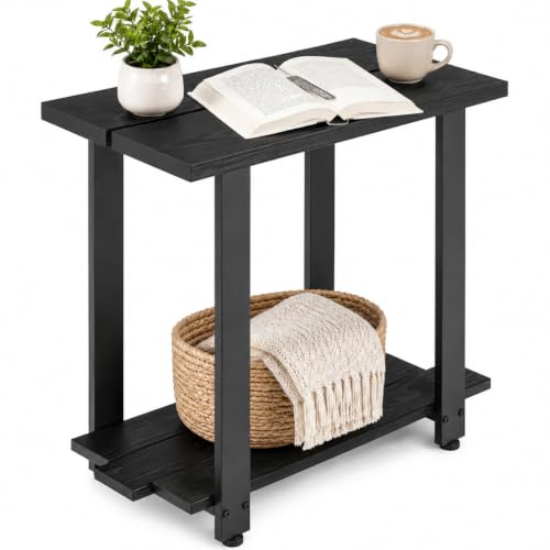 Transitional Narrow End Table, 2-Tier Rustic Side Table with Storage Shelves, Modern Farmhouse Industrial Nightstand for Living Room, Bedroom, Small Spaces, Couch, Black - color: Black