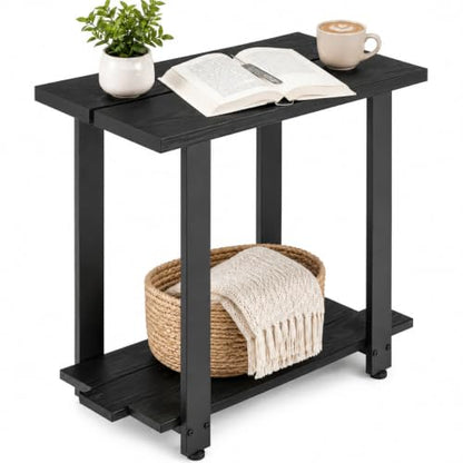 Transitional Narrow End Table, 2-Tier Rustic Side Table with Storage Shelves, Modern Farmhouse Industrial Nightstand for Living Room, Bedroom, Small Spaces, Couch, Black - color: Black