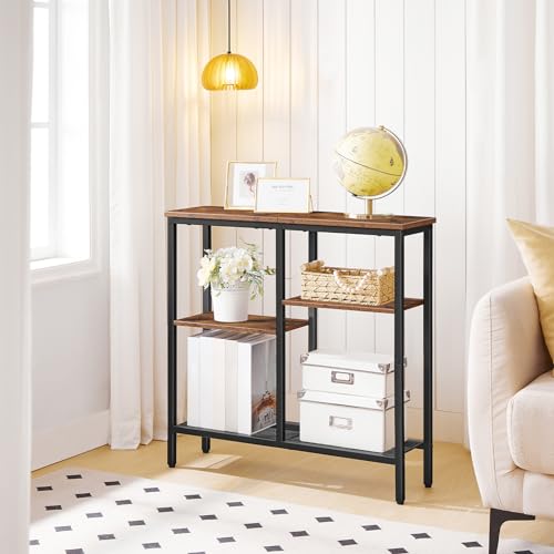 HOOBRO Narrow Console Table, Sofa Table, 4-Tier Industrial Entryway Table with Metal Mesh Shelf, Hallway Table with Adjustable Feet, for Entryway, Living Room, Hallway, Rustic Brown and Black BF79XG01 - color: Rustic Brown + Black