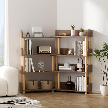 4 Tier Retractable Rotatable Bookcases, Wooden Corner Book Shelf, Storage Rack for CDs,Movies,Books, Rustic Brown Bookcase, Utility Organizer Shelves for Living Room Home Office