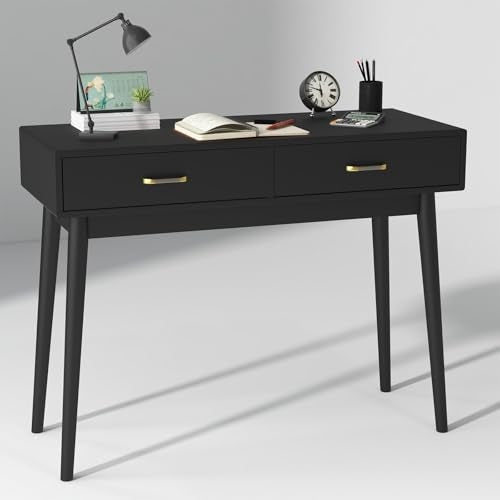 FUNKOCO Black Small Writing Desk with Drawers, 40 Inch Writing Desk for Home Office, Vanity Desk with Solid Wood Leg for Small Spaces