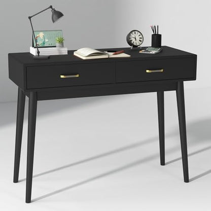 FUNKOCO Black Small Writing Desk with Drawers, 40 Inch Writing Desk for Home Office, Vanity Desk with Solid Wood Leg for Small Spaces