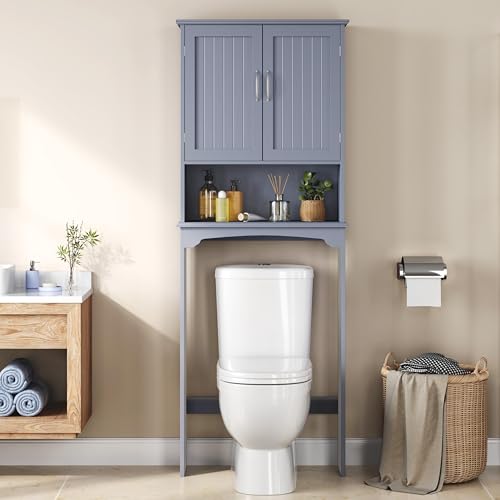 Yaheetech Over The Toilet Bathroom Cabinet with 2 Doors & Adjustable Shelf, Free Standing Toilet Rack Space-Saving, L24.5xW9xH66 Inches, Grey - color: Grey