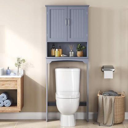 Yaheetech Over The Toilet Bathroom Cabinet with 2 Doors & Adjustable Shelf, Free Standing Toilet Rack Space-Saving, L24.5xW9xH66 Inches, Grey - color: Grey