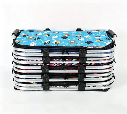 Upgrade Shopping Bag Picnic Basket 2 Layers of Internal Pockets Leak-Proof Insulated Cooler Bag Bag Collapsible Shopping Basket Folding Grocery Basket Bag for Picnic Travel(Blue Cat) - color: Blue Cat