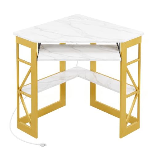 VECELO Corner Desk, Triangle Computer Desk for Small Space with Charging Station and Keyboard Tray, Corner Makeup Table with Storage Shelves for Home Office Bedroom, 41x30, Gold - color: Gold, size: 28" x 41" x 30"